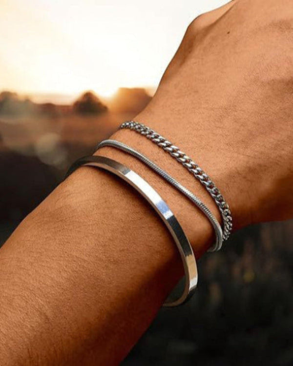 Layered Geometric Stainless Steel Bracelet Set