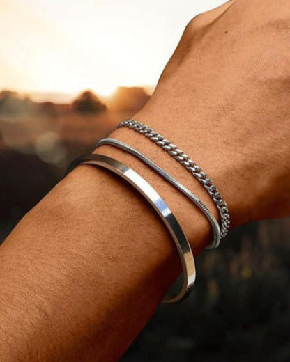 Layered Geometric Stainless Steel Bracelet Set